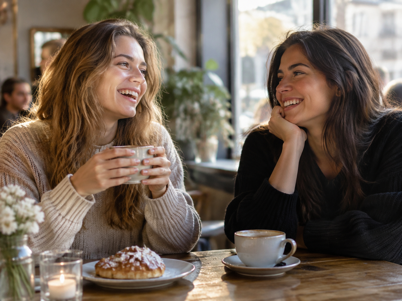 Two friends laughing over coffee, one with a bare face