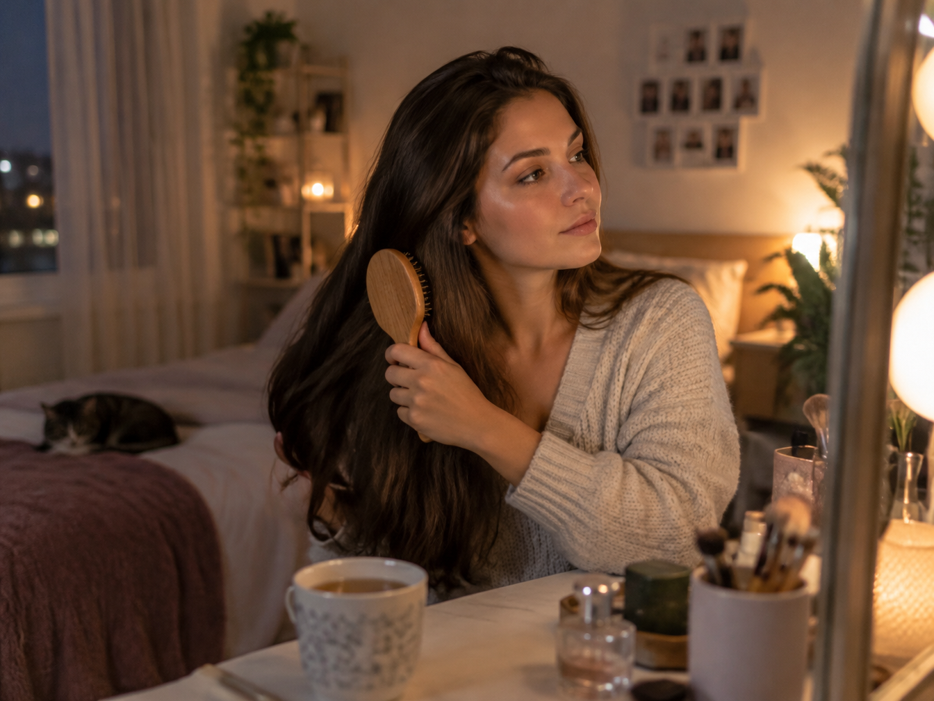 Young woman alone at a vanity mirror brushing her hair with a cup of tea beside her