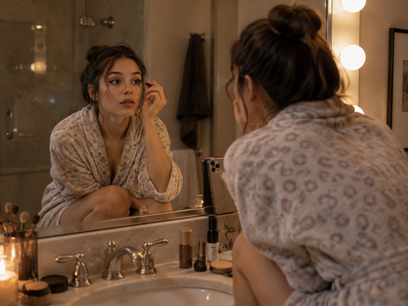 Young woman in a robe applying eyeliner on a bathroom counter with a phone propped against the mirror