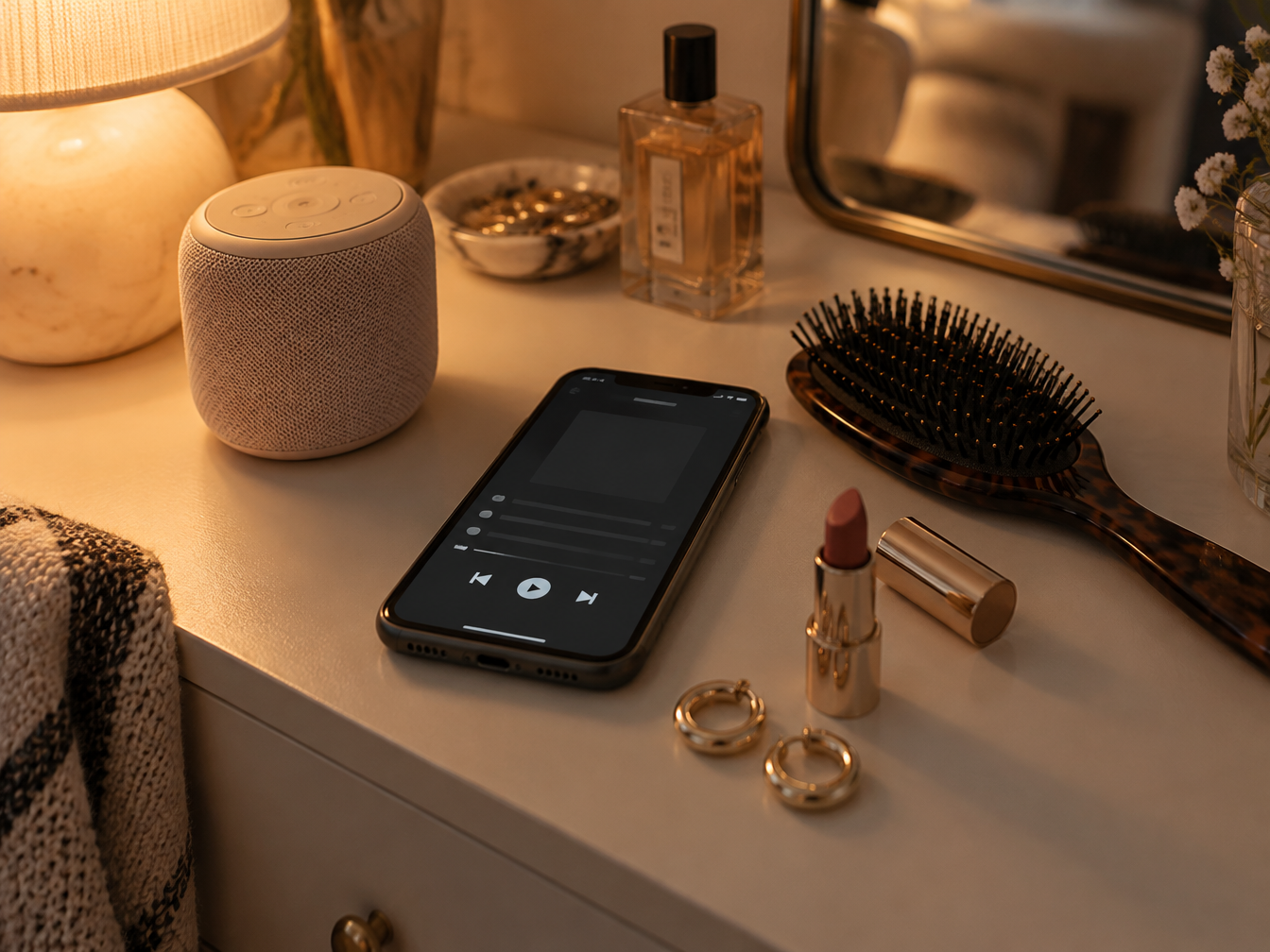 Dresser with a wireless speaker, phone, hairbrush, lipstick and gold earrings in warm lamp light