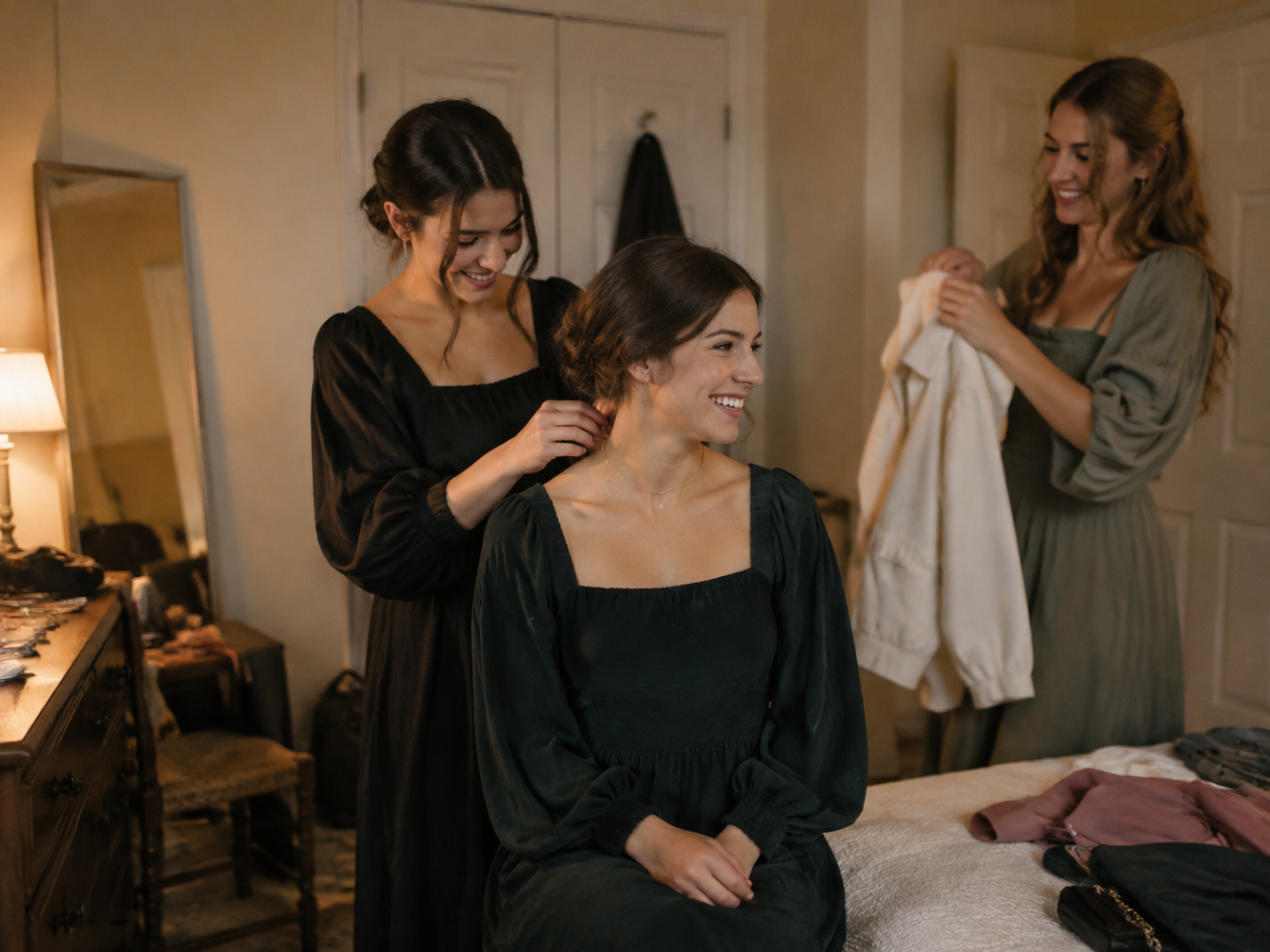 Three friends getting ready together in a bedroom, one fastening a necklace for another