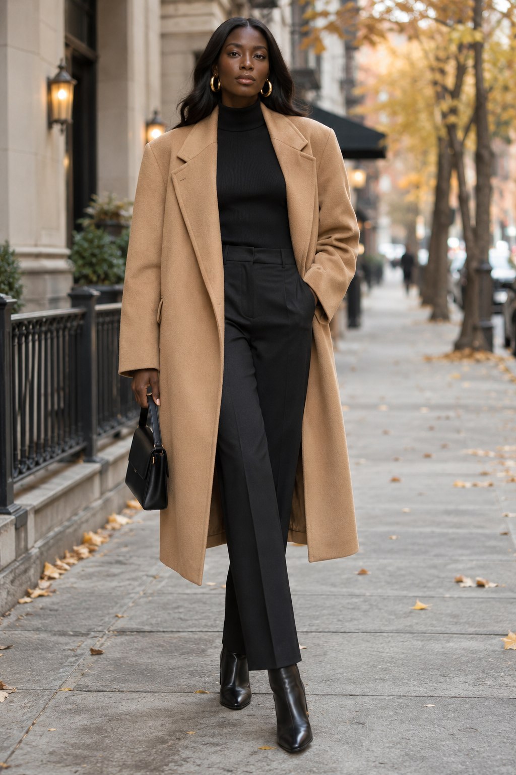 Oversized camel coat over a fitted black top and straight trousers.
