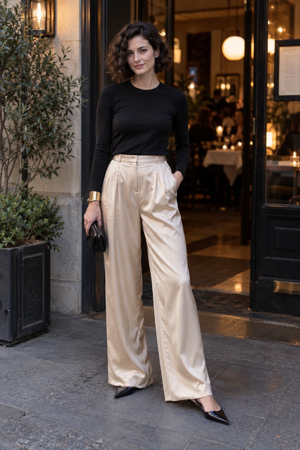 Champagne satin trousers with a black top, gold-tone cuff and slingback flats.