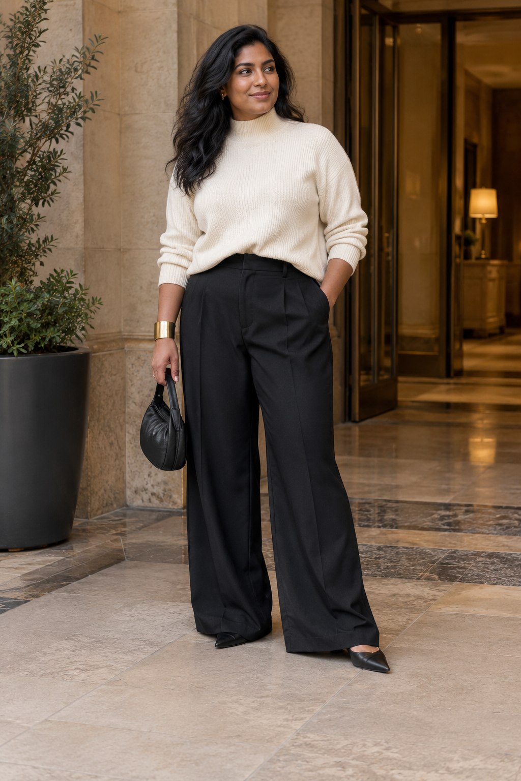 Cream funnel-neck knit with black wide-leg trousers and a gold-tone cuff.