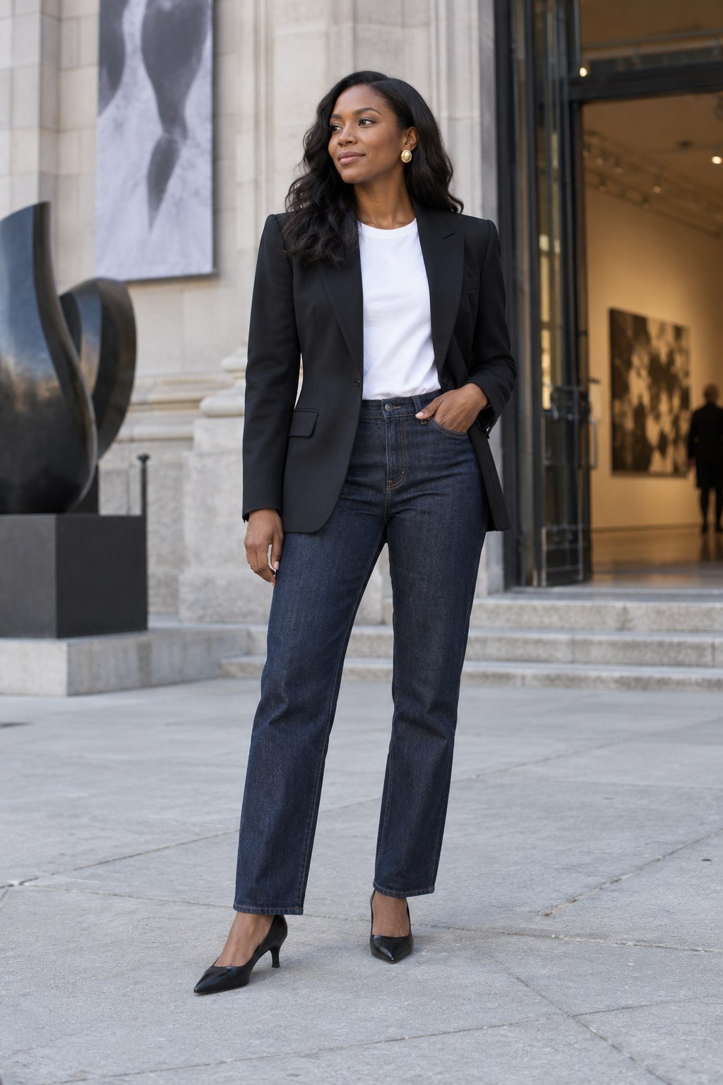 Sculpted black blazer with a white tee, dark jeans and gold-tone earrings.