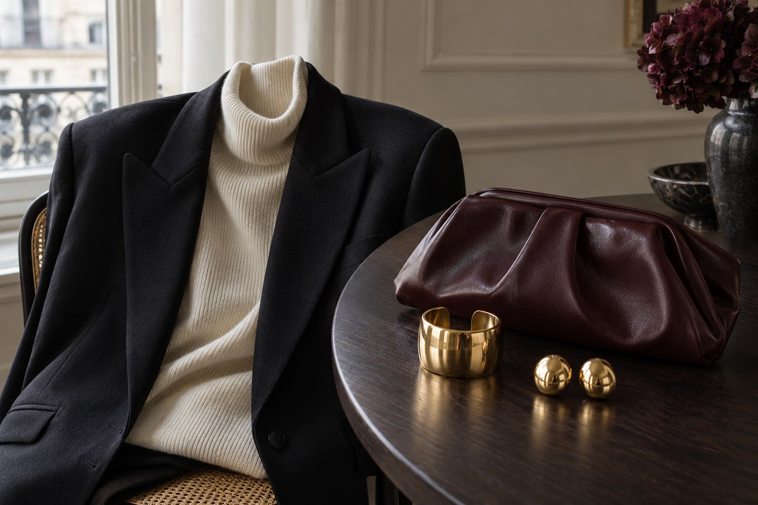 Structured tailoring, a funnel-neck knit and chunky gold-tone jewelry for Glamoratti style.