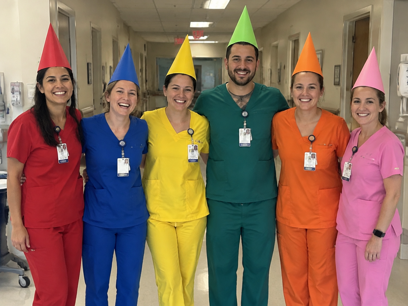Six hospital staff in matching colored scrubs and paper cone hats dressed as a box of crayons