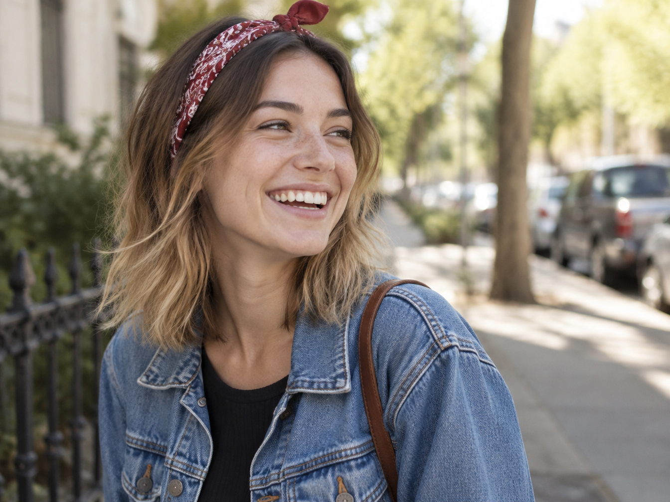 Young woman with grown-out ombre hair wearing a bandana headband and denim jacket