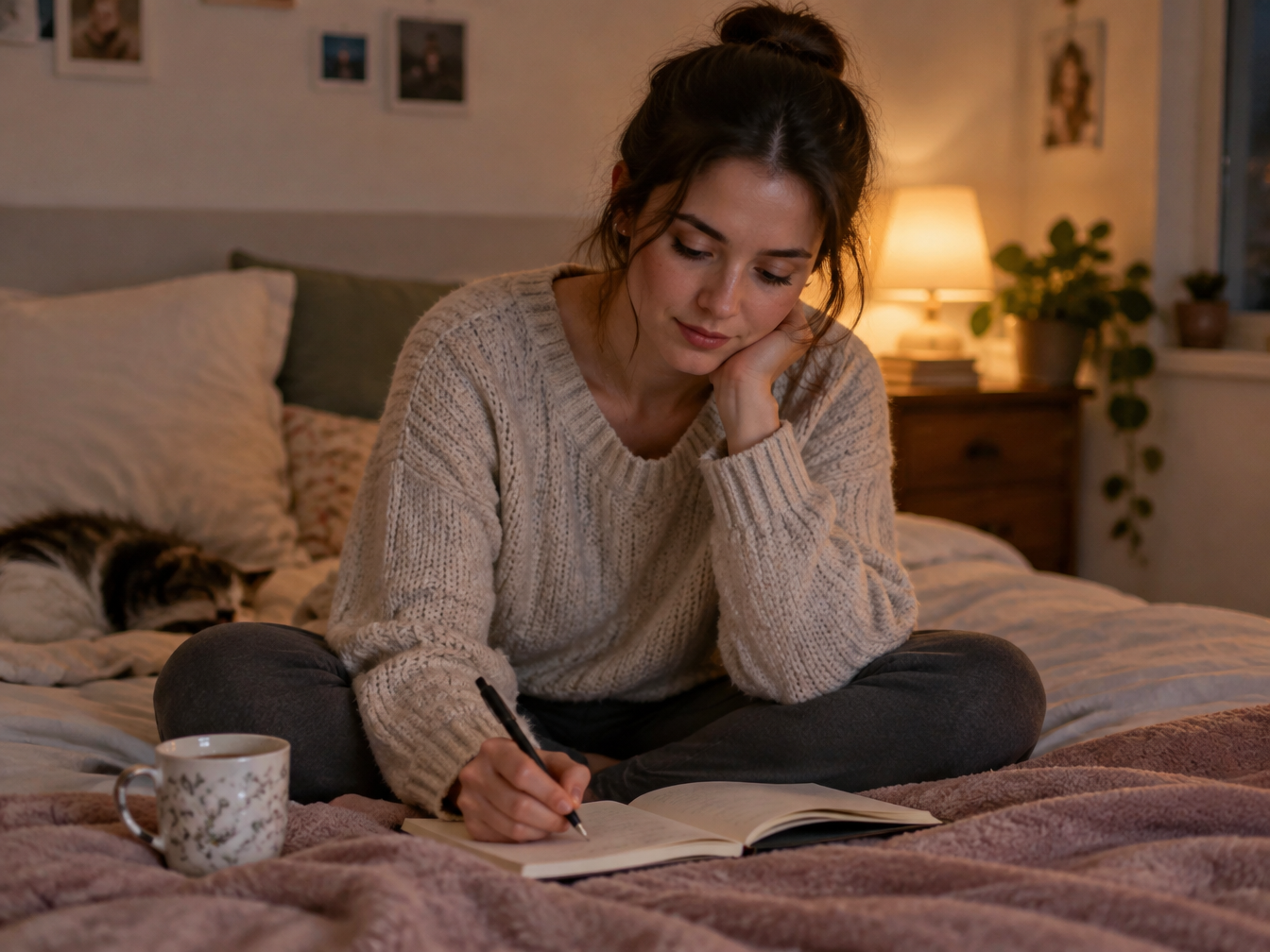 Young woman writing in a notebook on her bed with a mug of tea