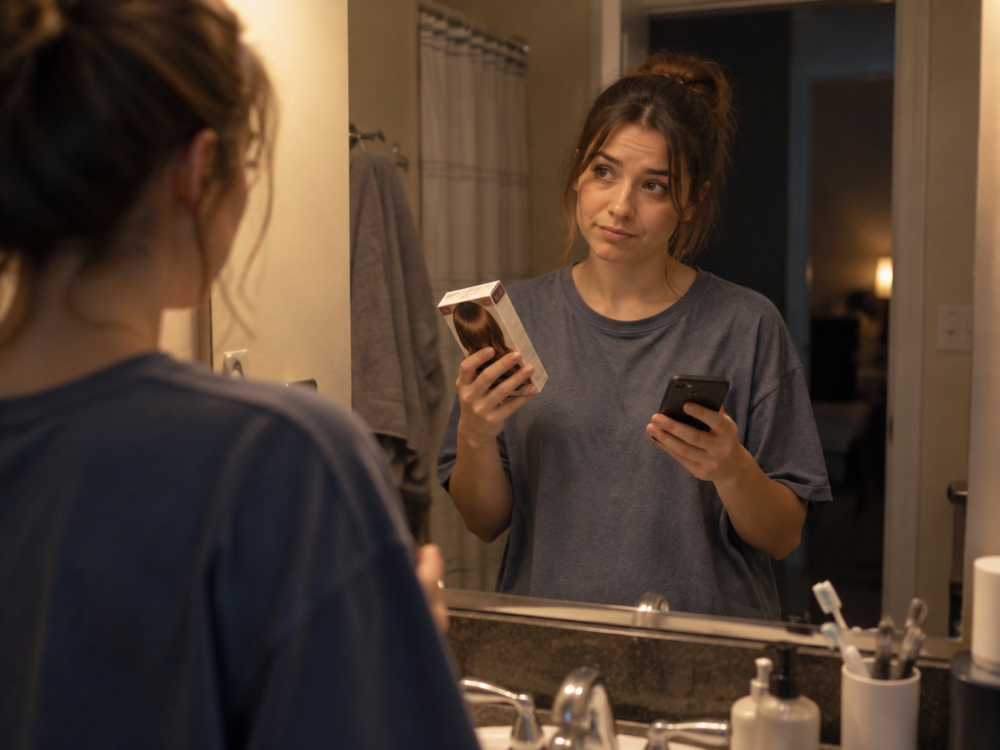 Young woman in her bathroom at night holding a box of hair dye and her phone