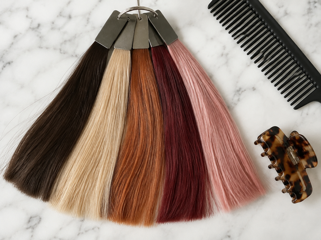 Hair color swatches in brown, blonde, copper, burgundy and pink fanned on white marble