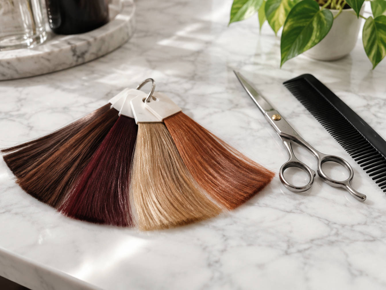 Hair color swatches in chestnut, burgundy, honey blonde and copper beside scissors and a comb on marble