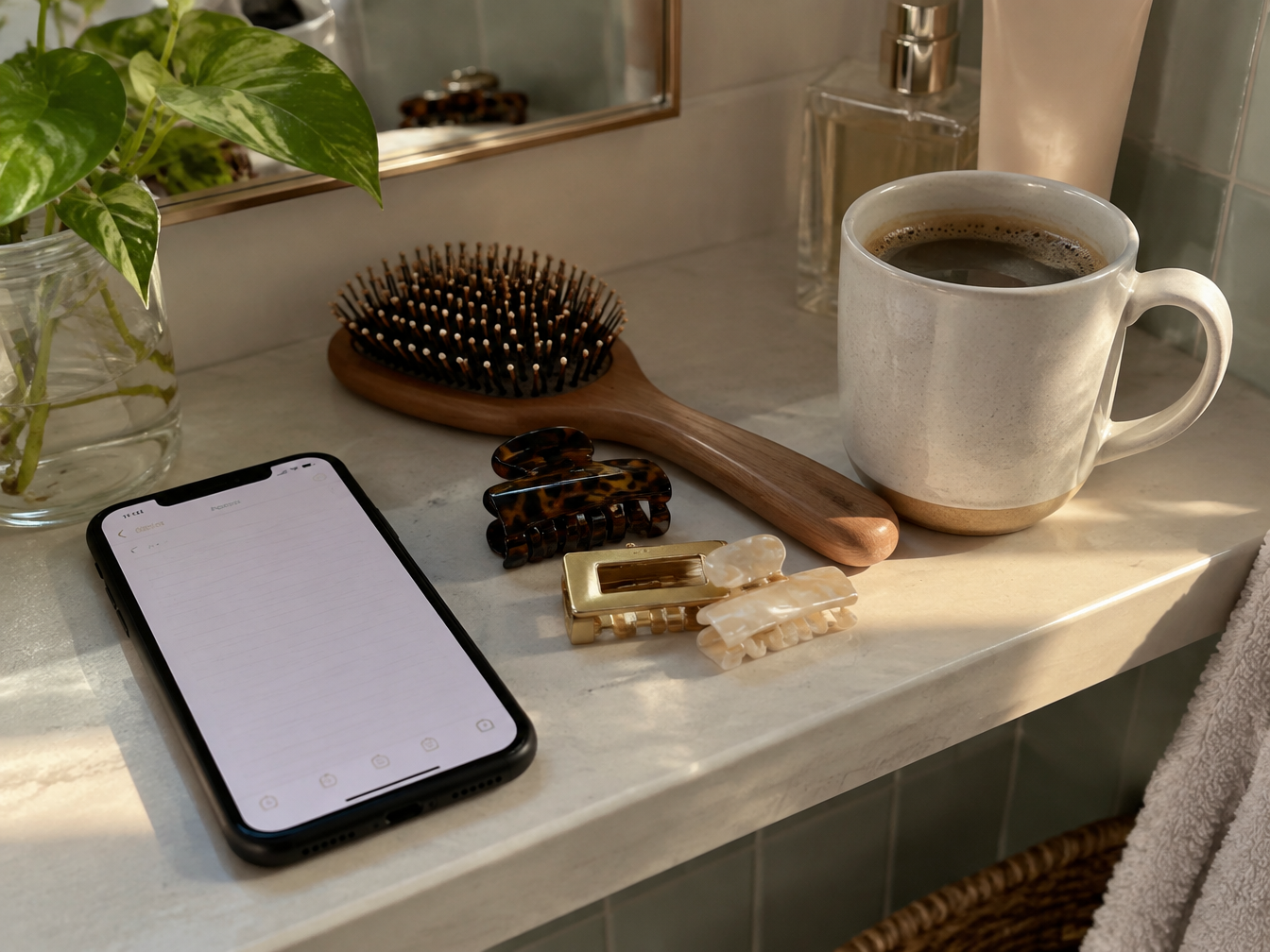 Phone with a notes app beside a hairbrush, hair clips and a cup of coffee on a bathroom shelf