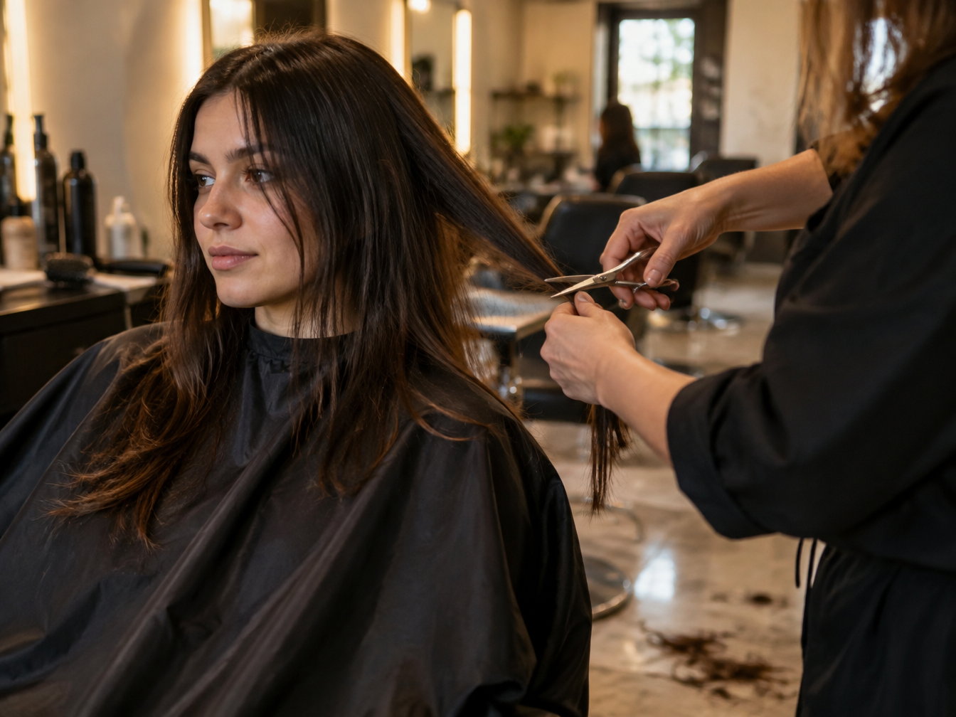 Young woman in a salon chair wearing a cape while a stylist cuts a section of her hair