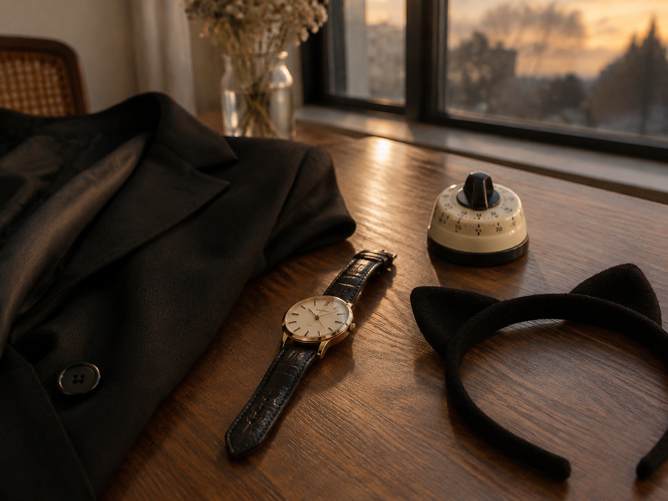Wristwatch and kitchen timer beside a folded black blazer and a felt cat-ear headband
