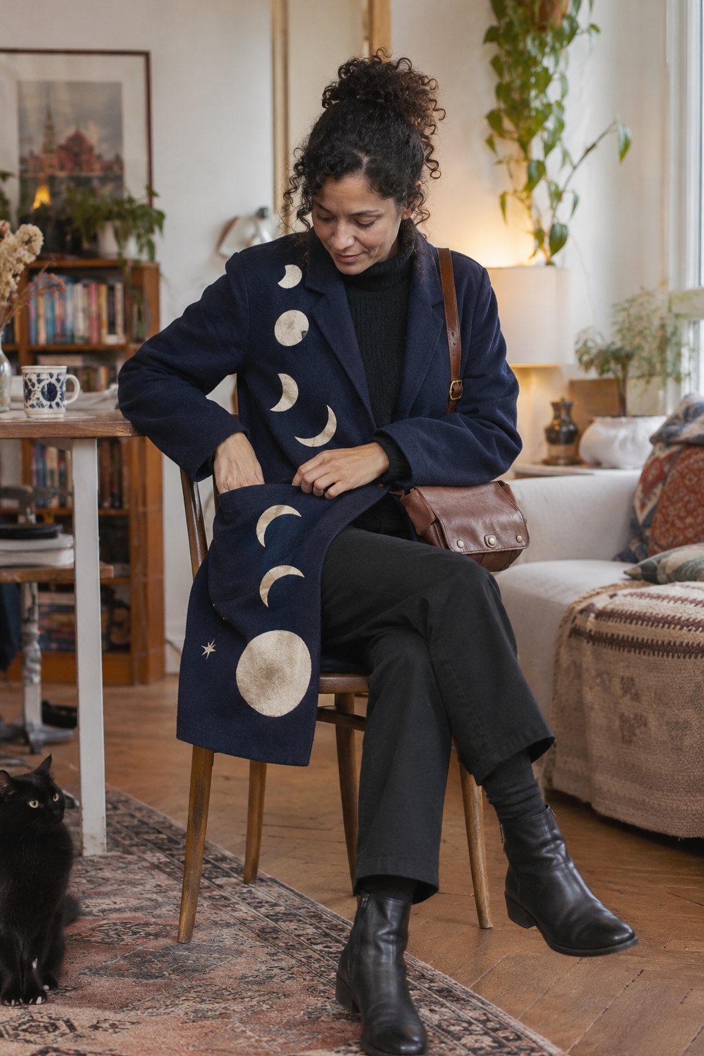 Woman testing a moon-decorated coat and satchel while sitting on a chair