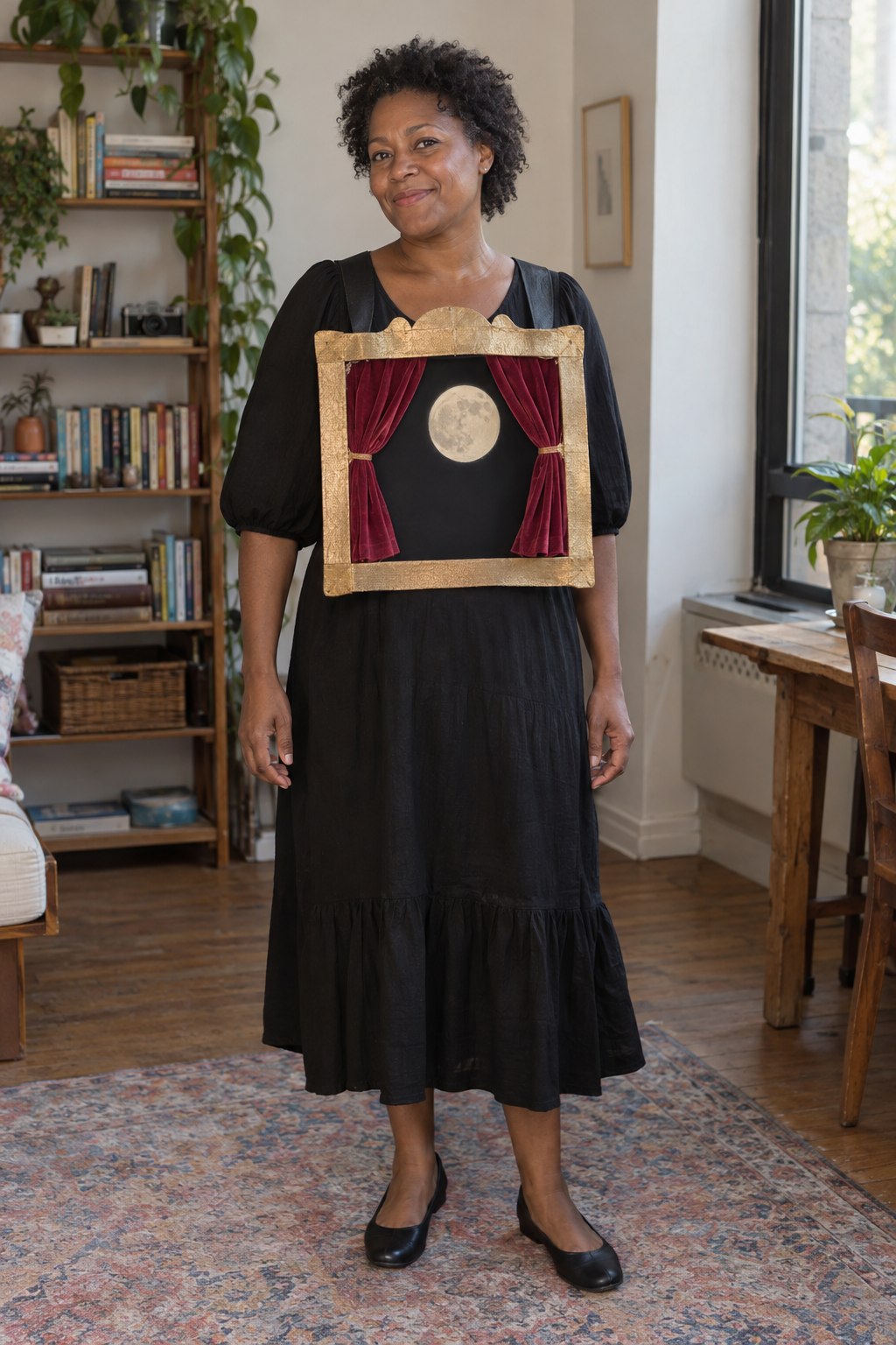 Black dress costume with a small cardboard theatre frame and red fabric curtains on the chest