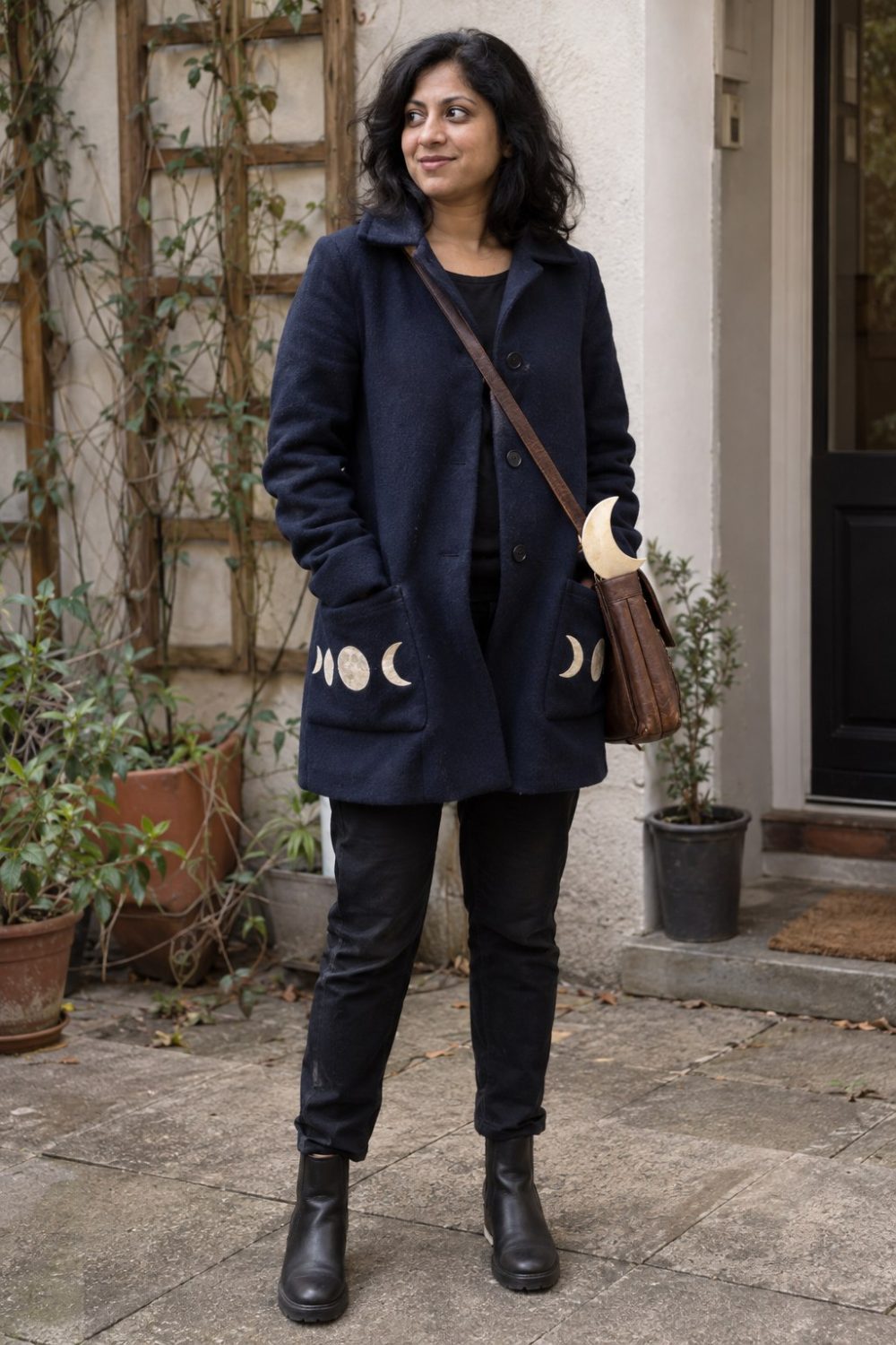 Navy coat costume with felt moon phases and a crescent in a crossbody satchel