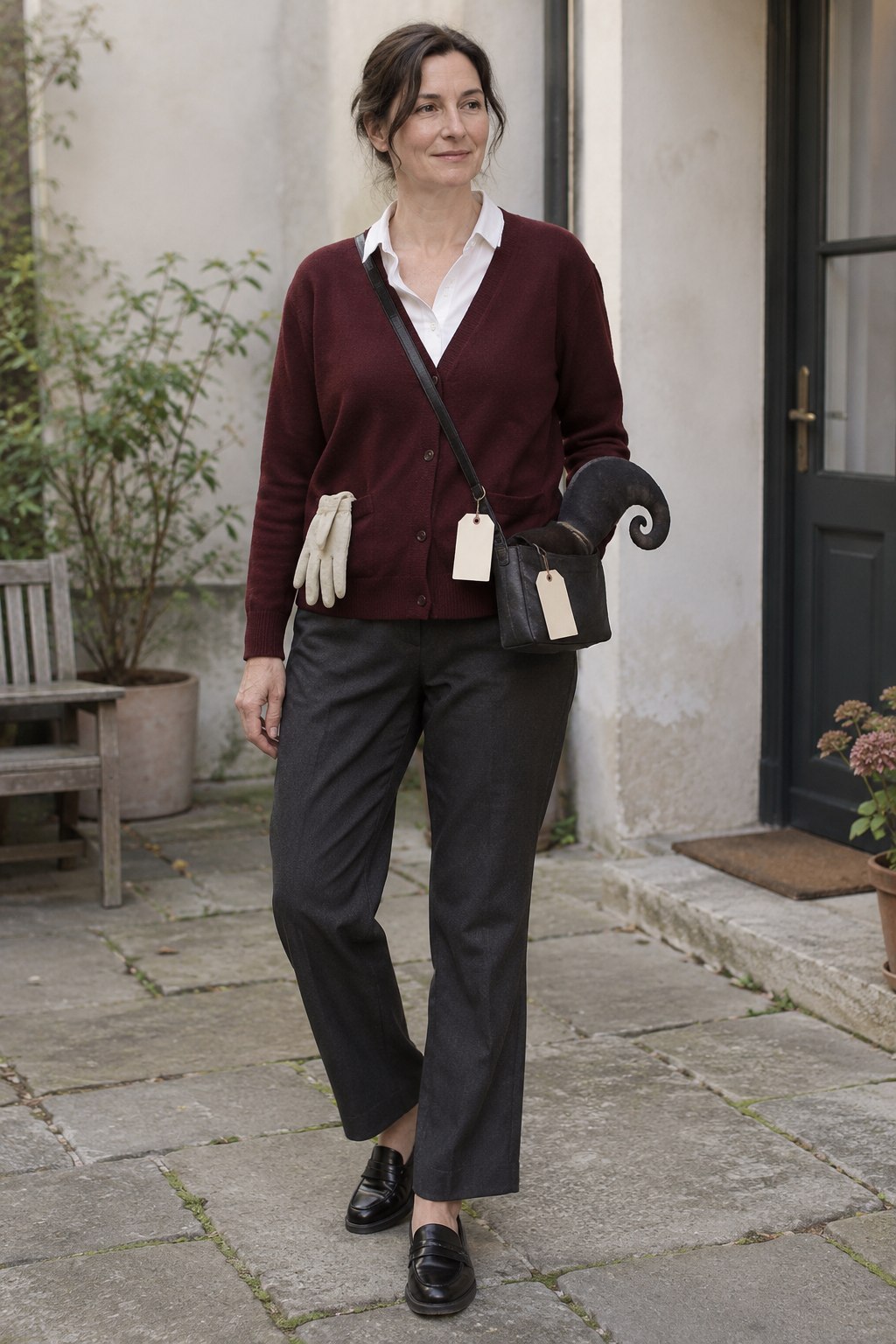 Burgundy cardigan costume with claim tags and a bag holding a silver felt shadow