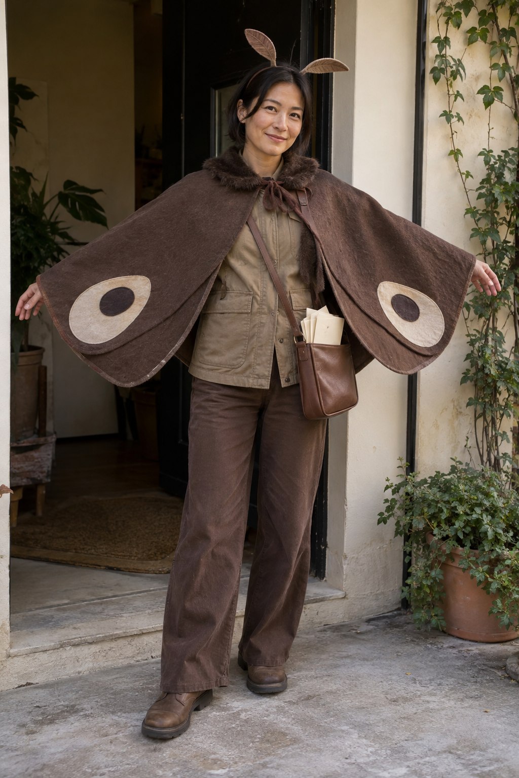Tan jacket and satchel costume with a short cocoa moth-wing cape