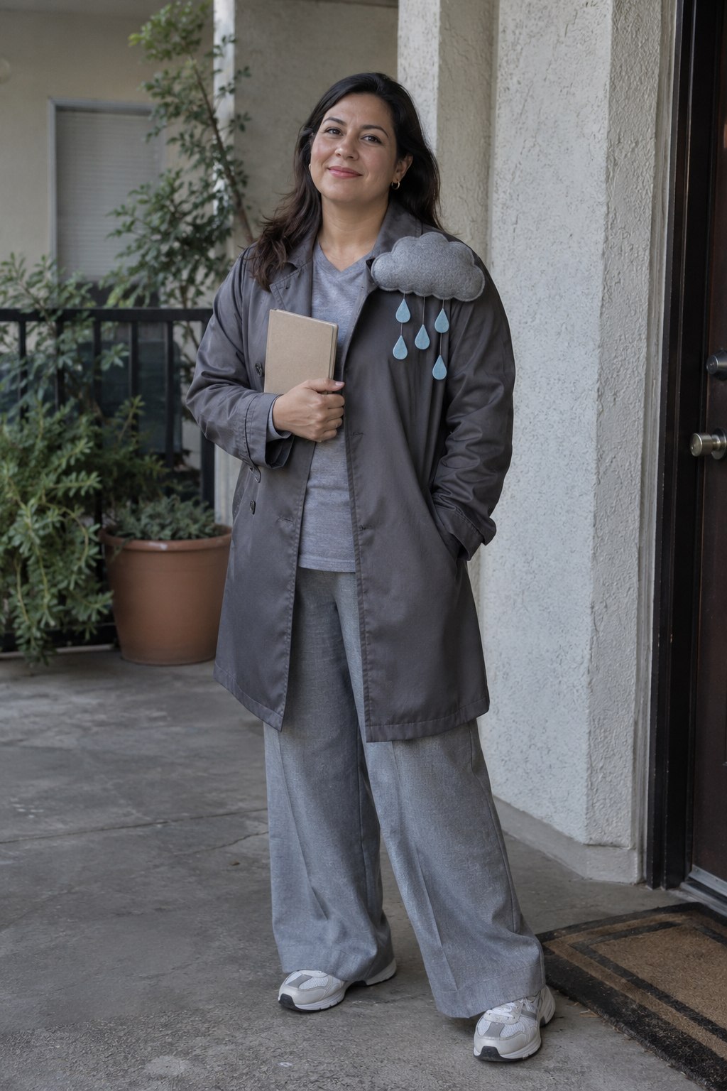 Gray outfit with a small felt raincloud on one shoulder and short blue ribbon raindrops