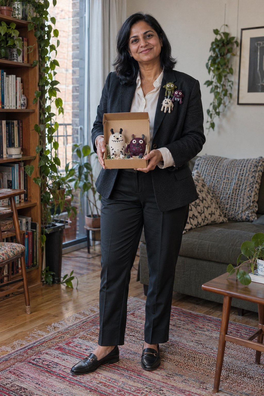 Dark blazer costume with three handmade felt monster brooches and a small specimen display box