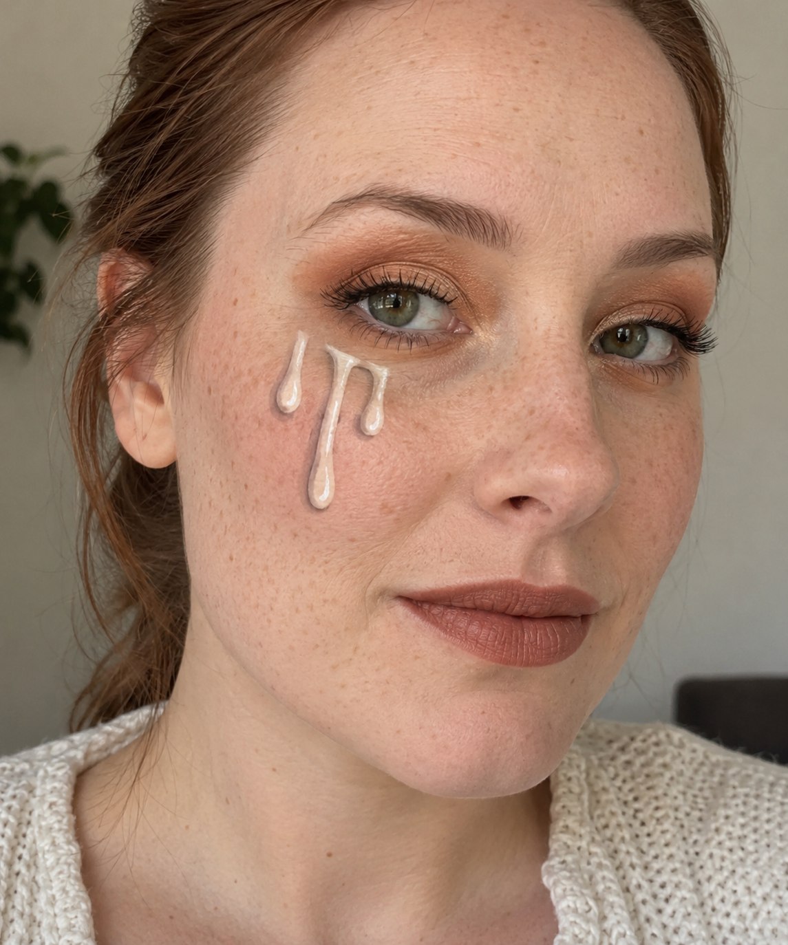 Painted ivory candle-wax tear shapes beneath one eye with gray shadows and amber eye makeup.