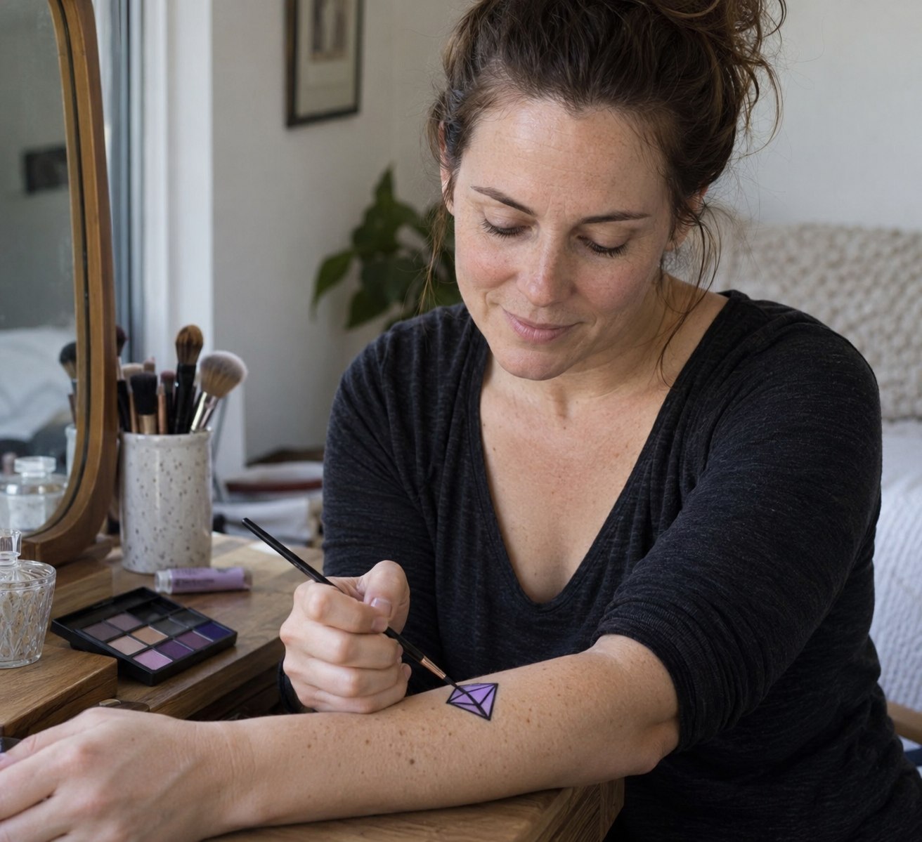 Adult woman testing a small lilac-and-black face-paint design on her forearm at a dressing table.