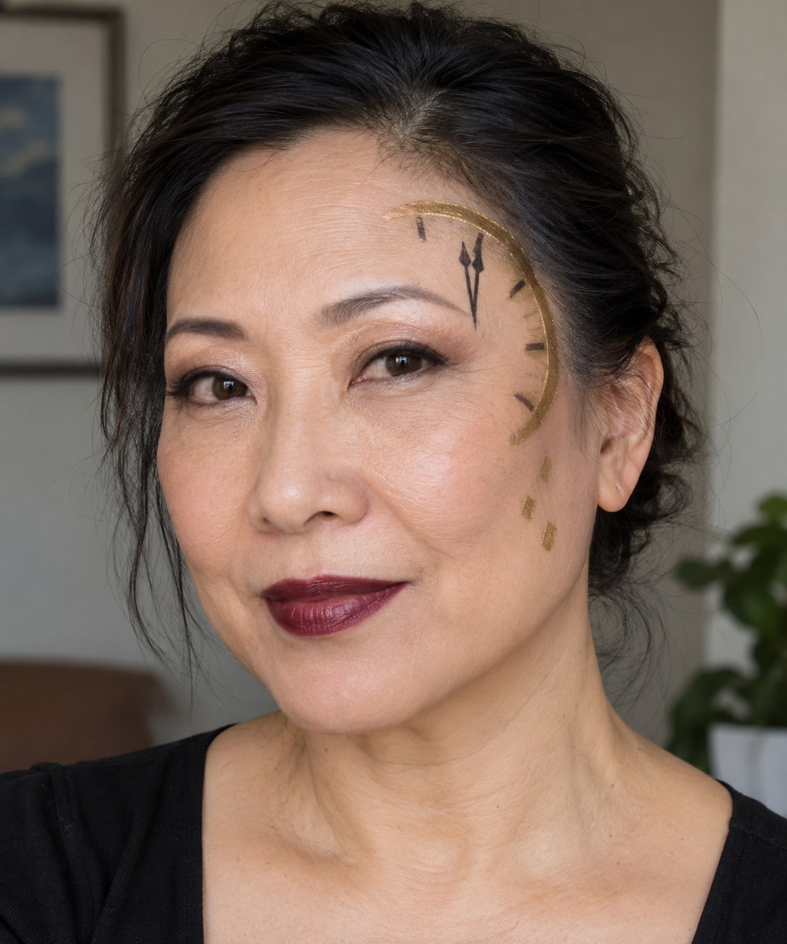 Halloween makeup with a partial clock dial on one temple and gold-and-charcoal details on the cheek.