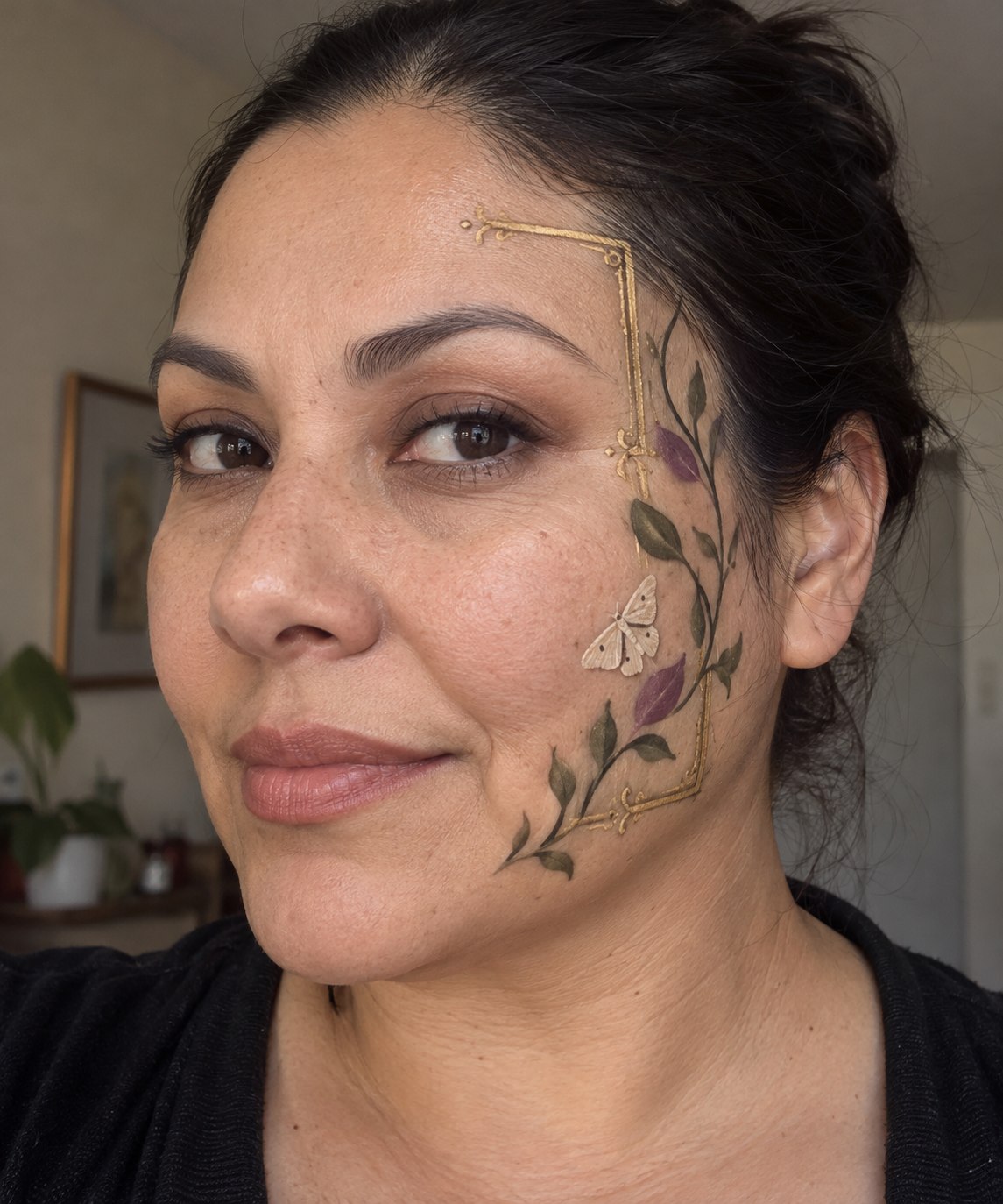 Halloween makeup with an antique gold painted frame and dark green vines on one side of the face.