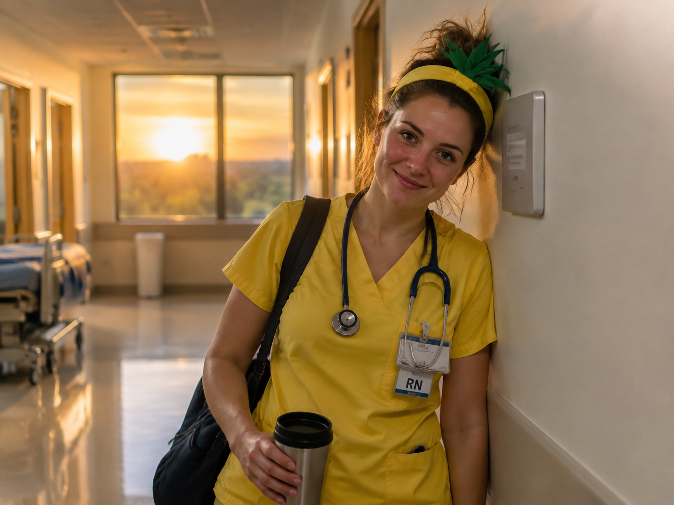Tired but smiling nurse in yellow scrubs with a pineapple headband at the end of a shift