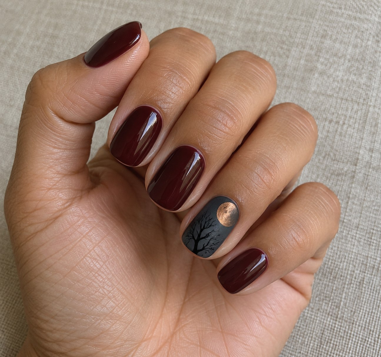 Burgundy Halloween manicure with a copper eclipse and bare black branch on one nail