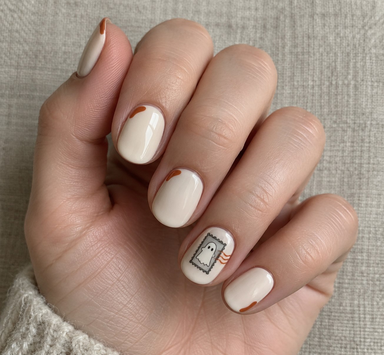 Cream nails with a tiny ghost postage stamp and rust-colored cancellation lines