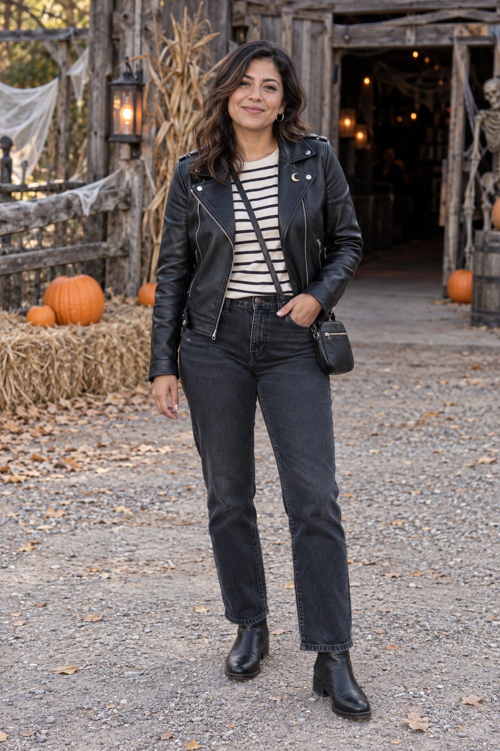 Black biker jacket over a striped T-shirt with dark jeans, ankle boots and a small crossbody bag