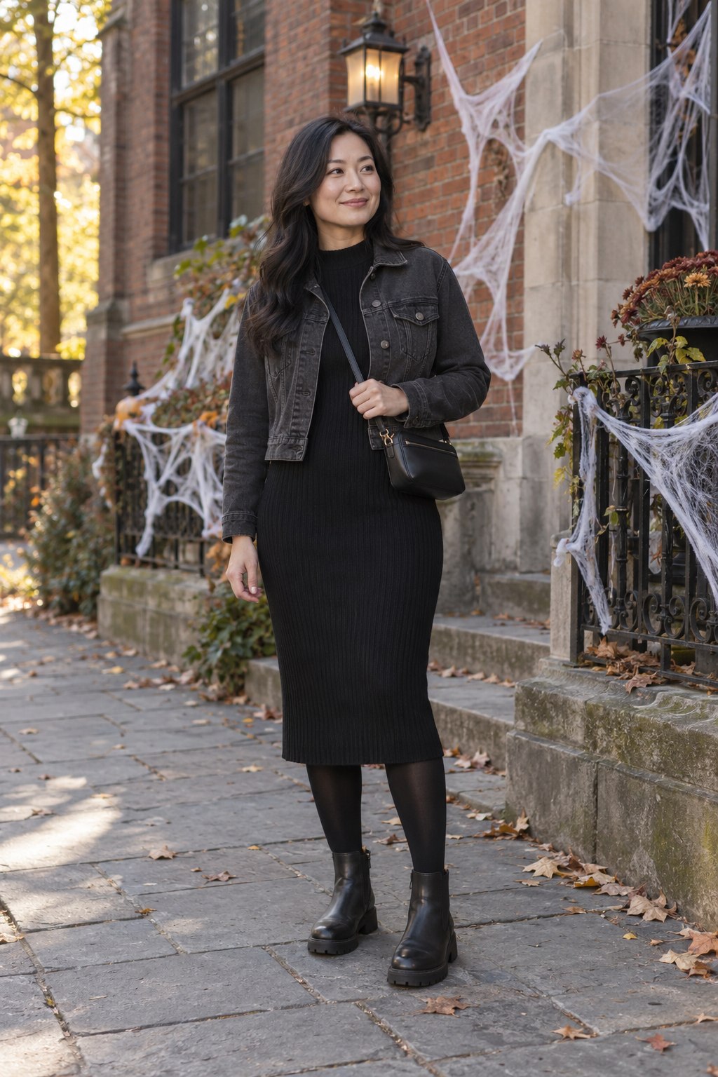 Black knit midi dress with opaque tights, a charcoal denim jacket and black ankle boots