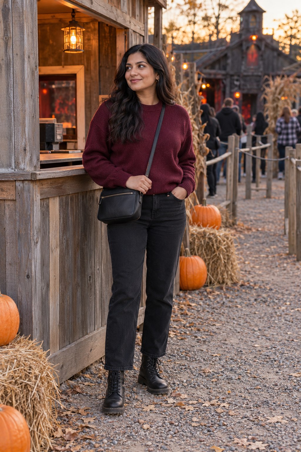 Burgundy sweater with black straight-leg jeans, lace-up boots and a crossbody bag outside a haunted attraction