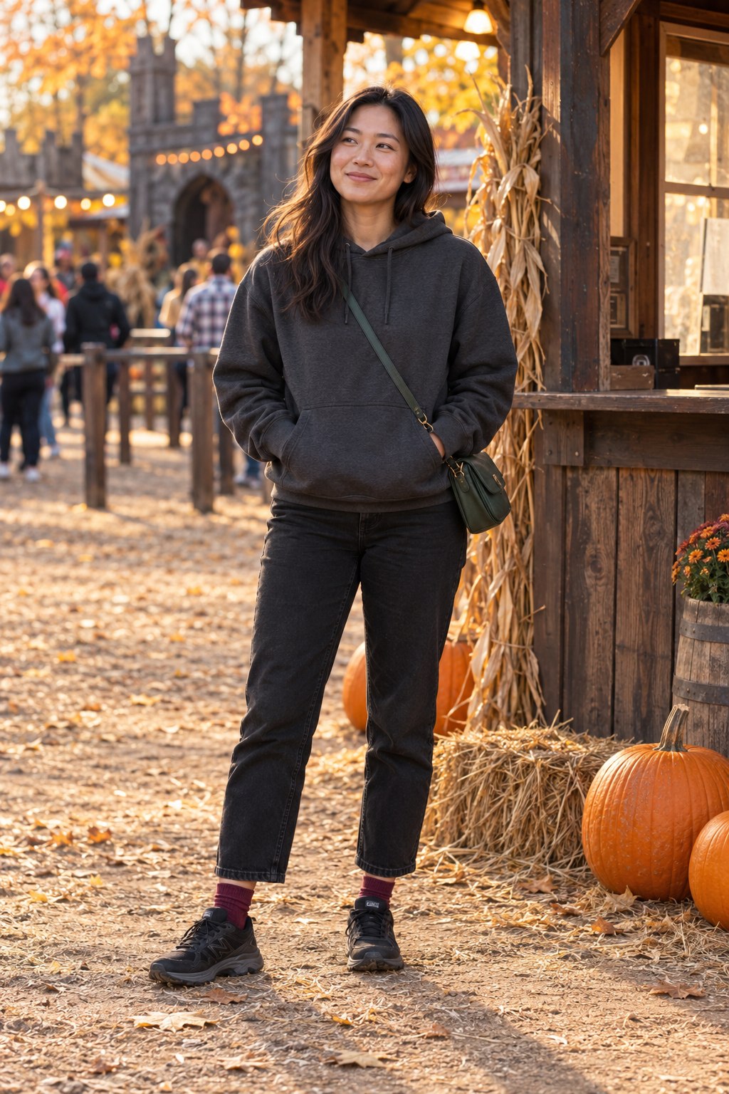 Charcoal hoodie with black jeans, dark trainers, burgundy socks and a green crossbody bag