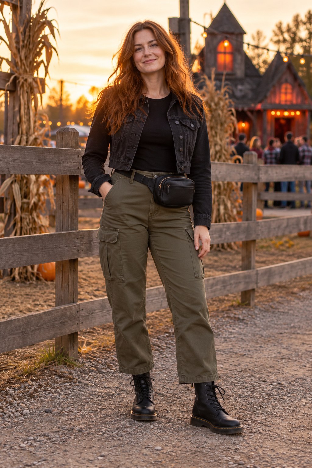 Olive cargo trousers with a black top, cropped denim jacket, lace-up boots and belt bag
