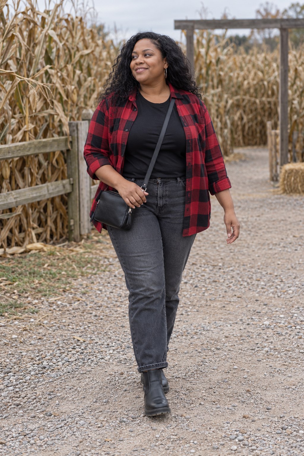 Red-and-black plaid overshirt with a black T-shirt, charcoal jeans and ankle boots beside a corn maze