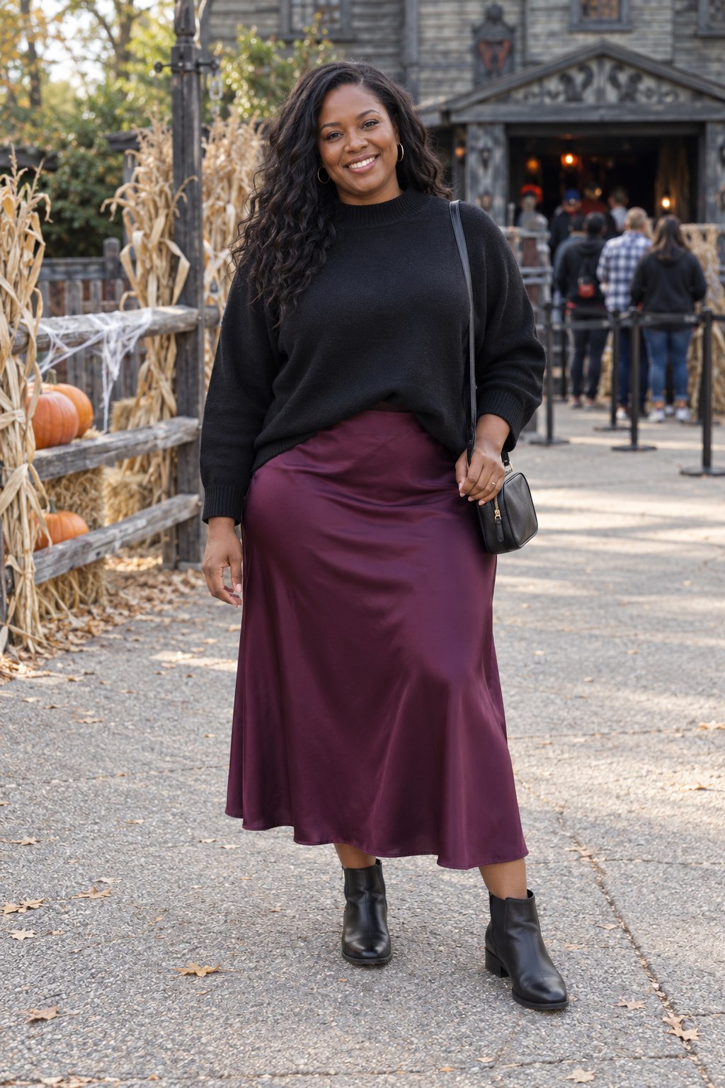 Plum satin midi skirt with a black sweater, black ankle boots and zipped crossbody bag