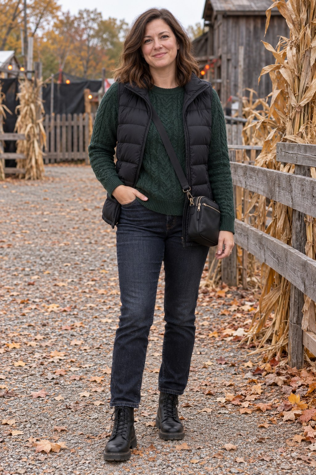 Black puffer vest over a forest green sweater with dark jeans and lace-up boots