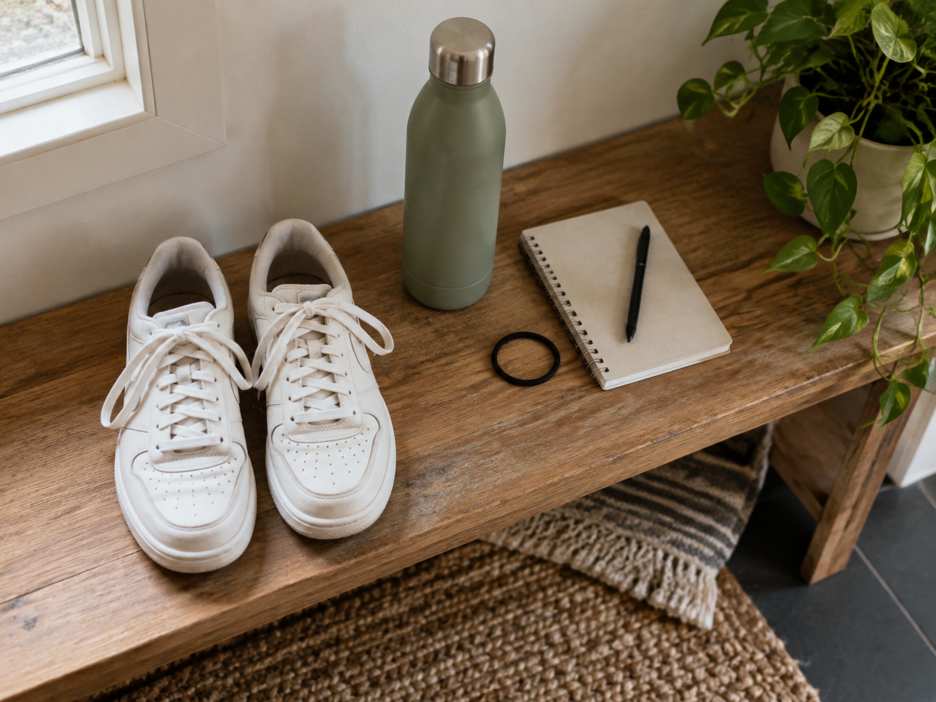 Sneakers, water bottle, small notebook and hair tie on a wooden bench