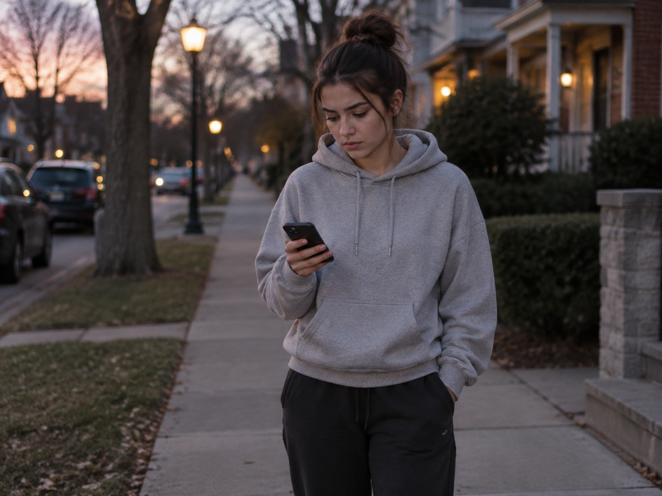 Young woman on a quiet sidewalk at dusk glancing at her phone with a restless expression