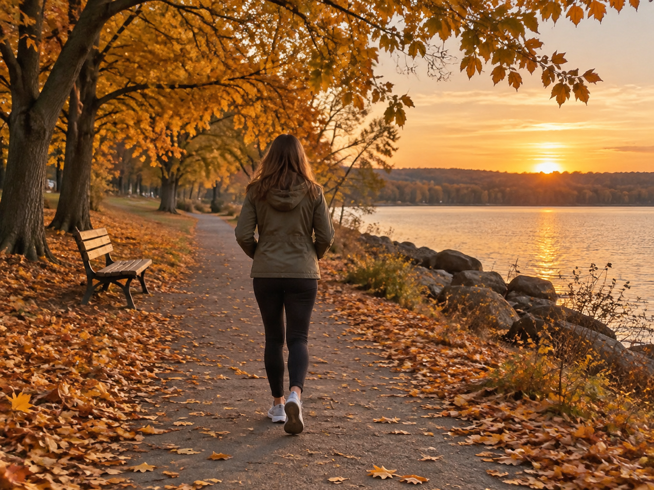 Young woman walking away down a path under golden autumn trees at sunset