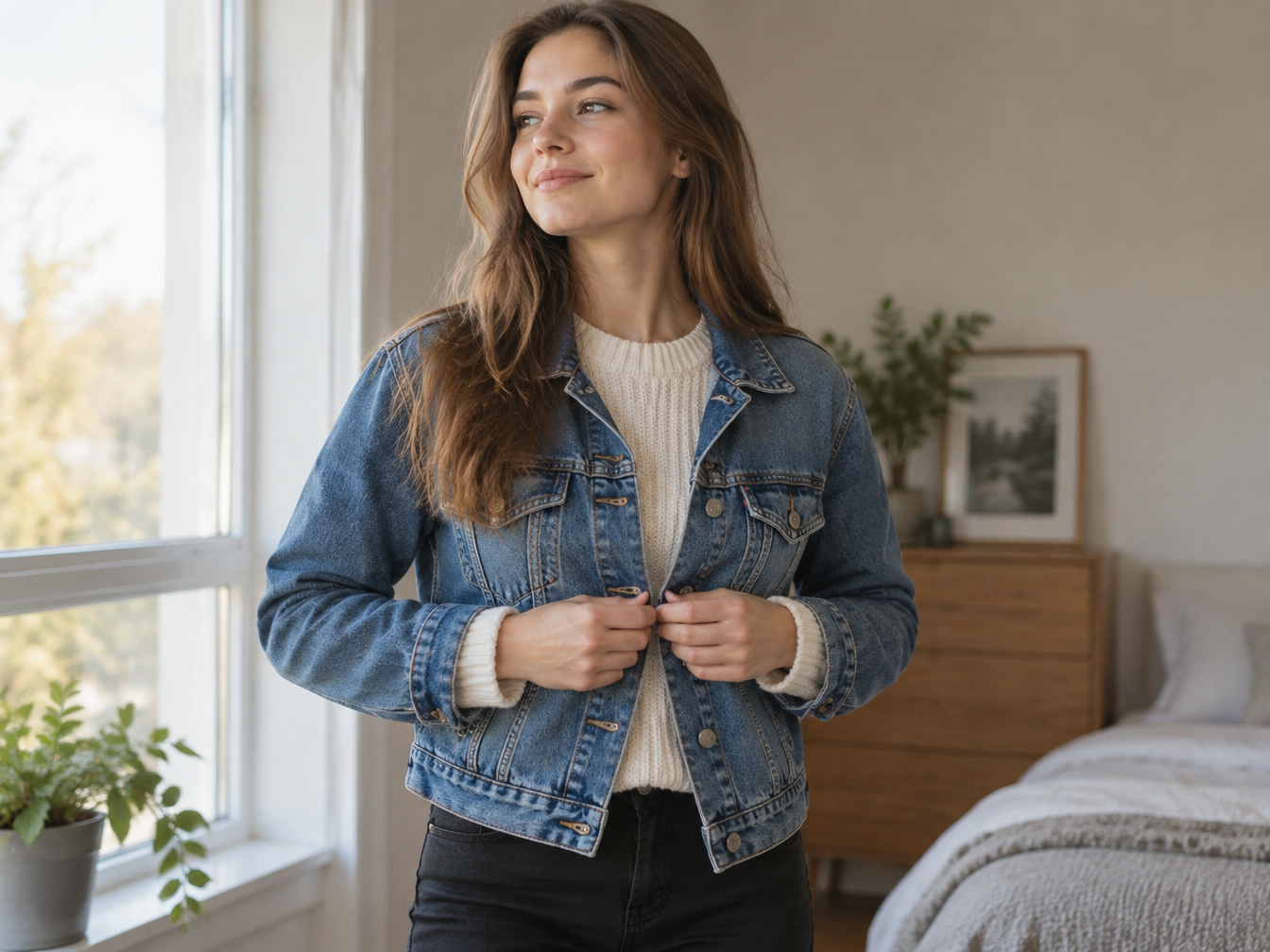 Young woman buttoning a denim jacket over a cream sweater by a bright window