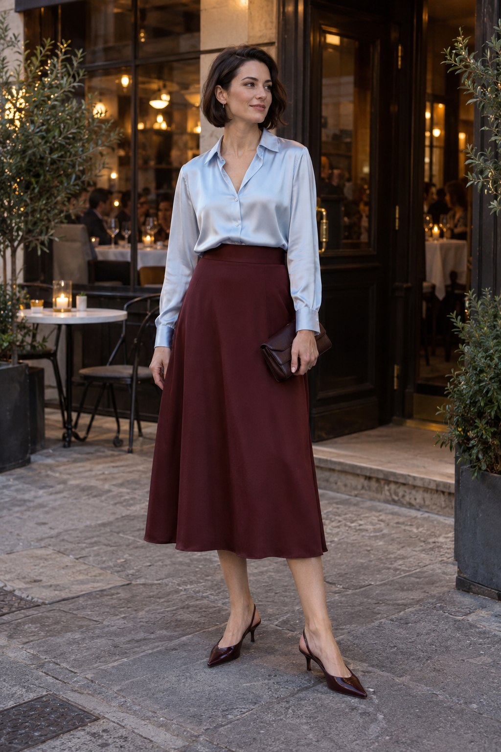 Icy blue blouse with a burgundy midi skirt and low slingback heels.