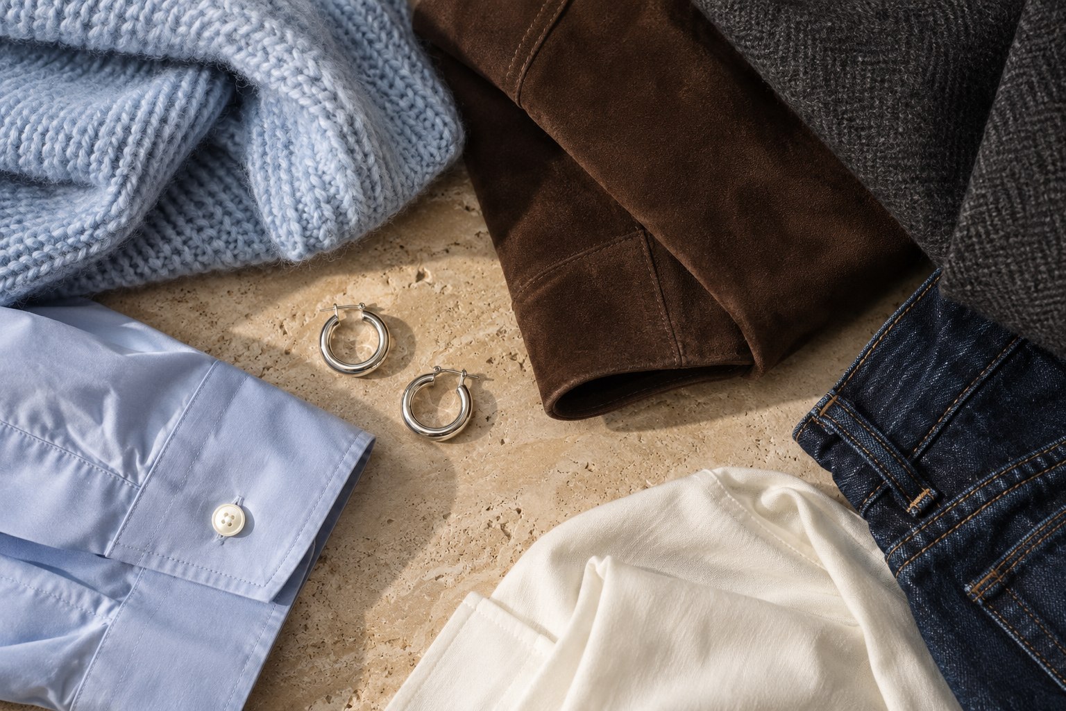 Icy blue fabric paired with chocolate brown, charcoal, cream and navy wardrobe textures.