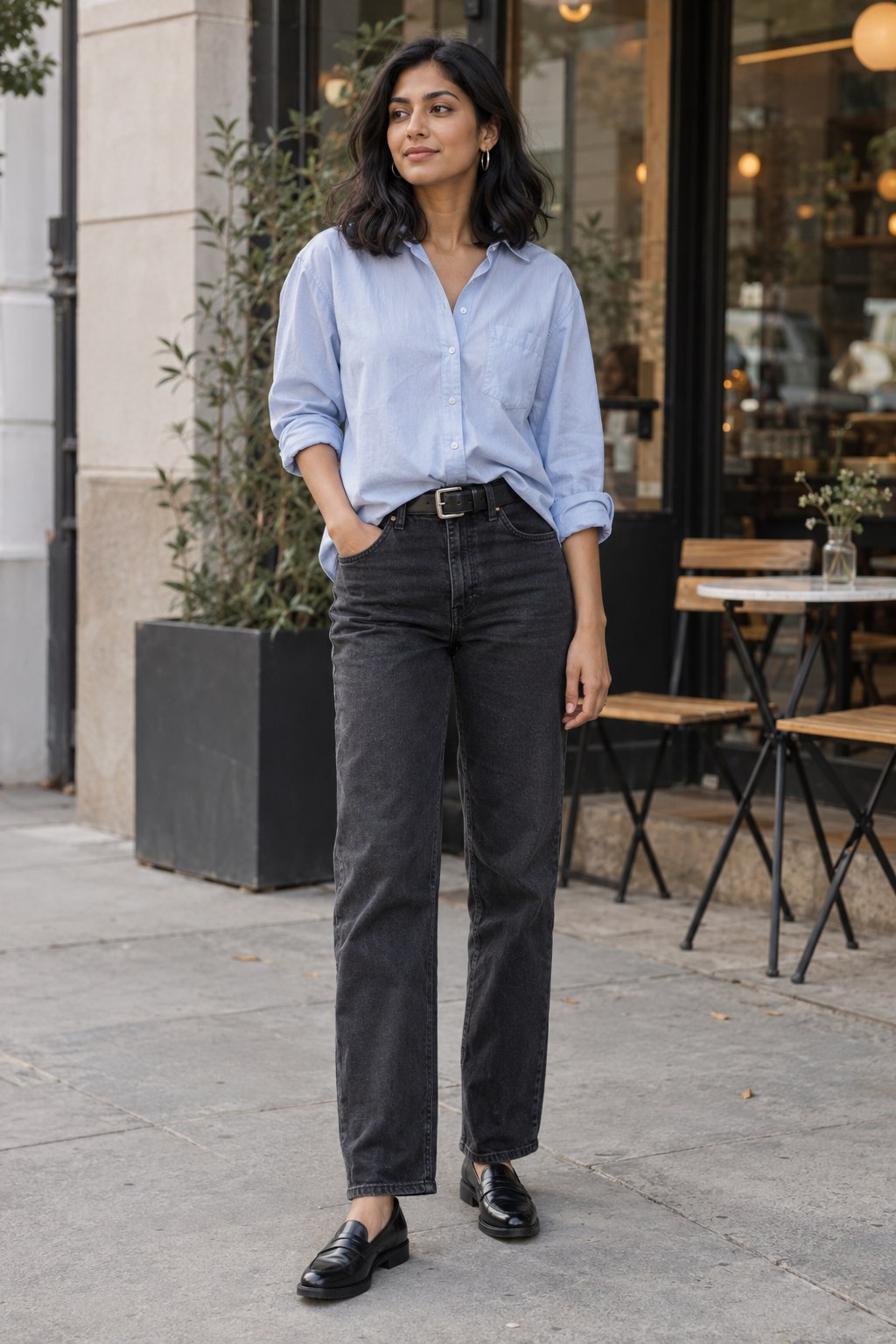 Icy blue poplin shirt with washed black straight-leg jeans and loafers.