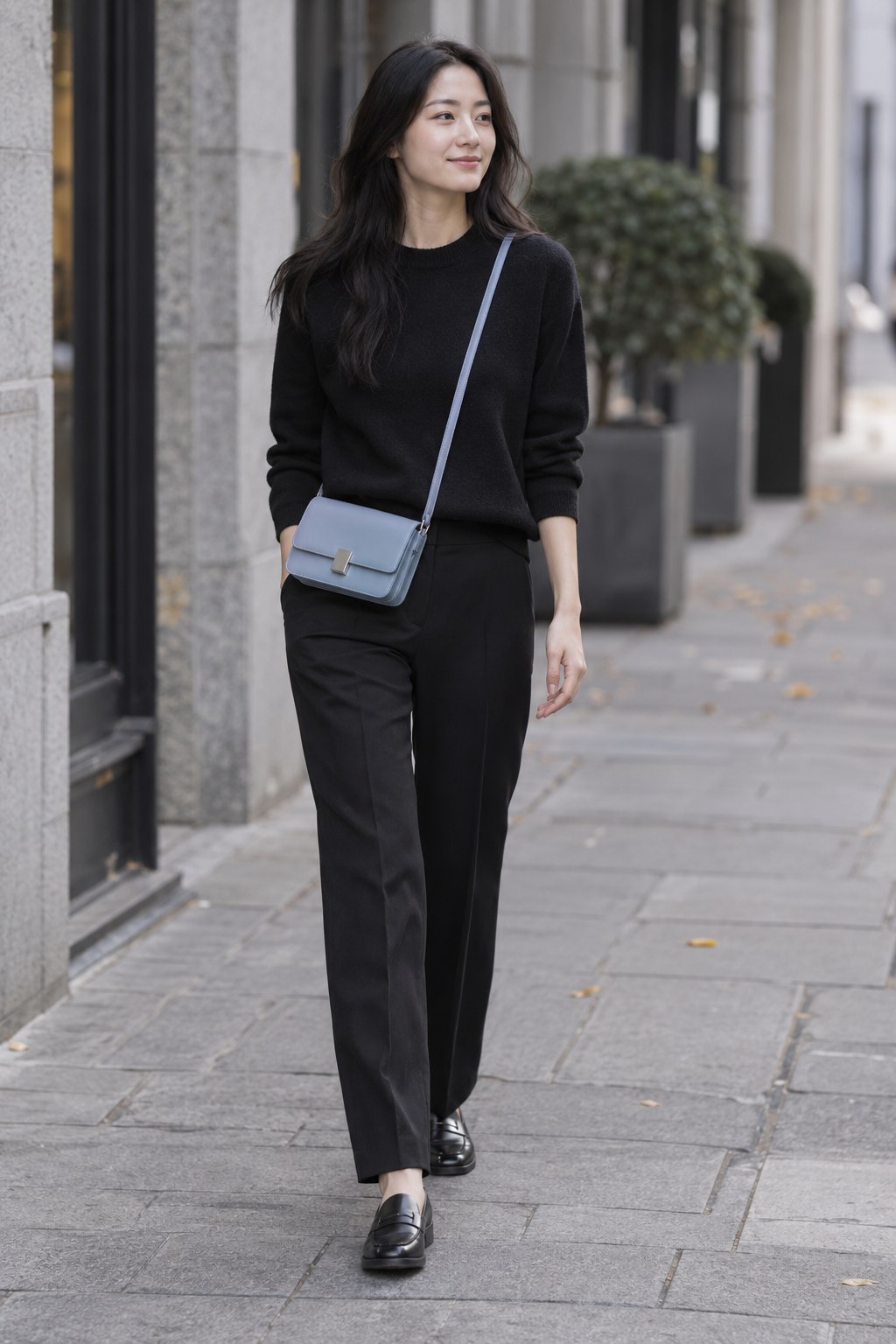 Small icy blue bag adding color to an all-black outfit.