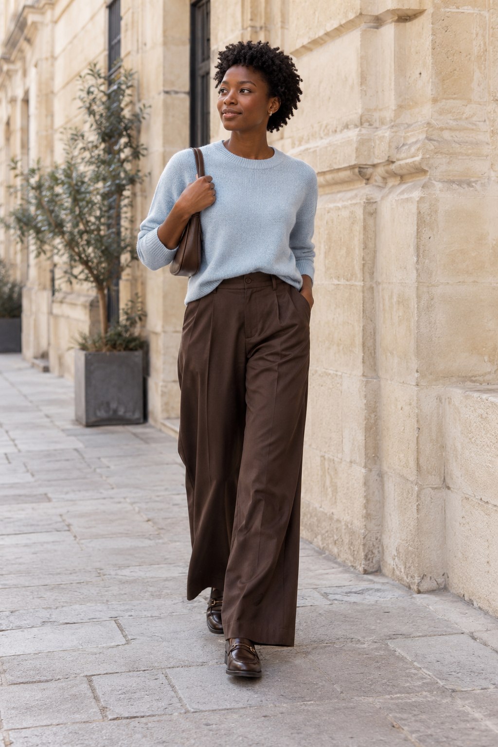 Icy blue sweater with chocolate wide-leg trousers and brown loafers.